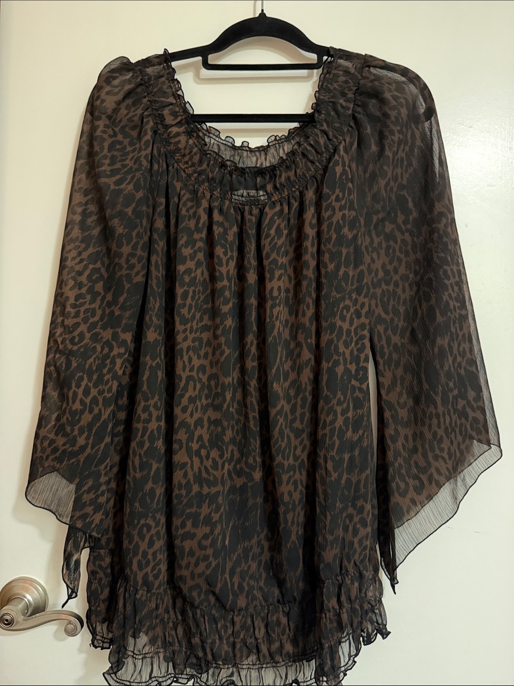 Cato Brown and Black Leopard-Print Sheer Ruffle Tunic
